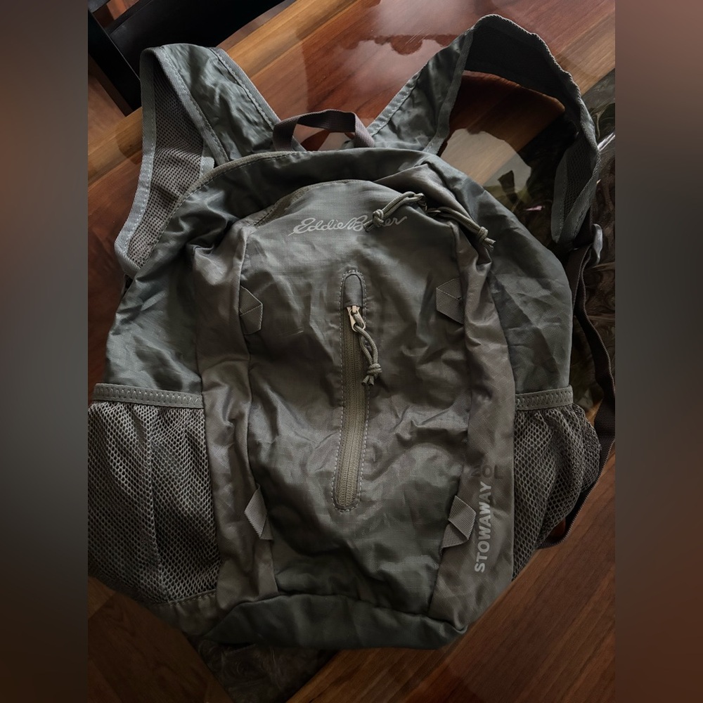 Eddie Bauer stowaway back pack.  Light weight ease in use!